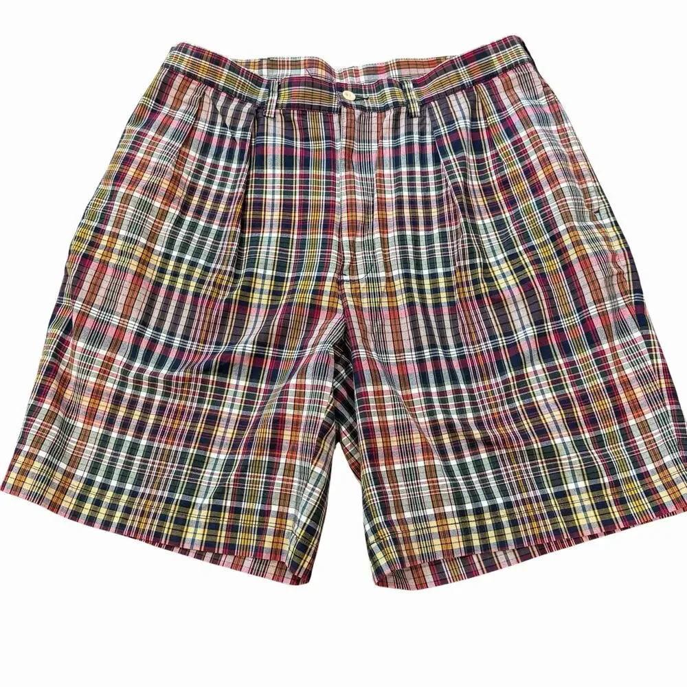 Vintage Polo Ralph Lauren Tyler Shorts Mens 35 Madras Plaid Pleated Cotton